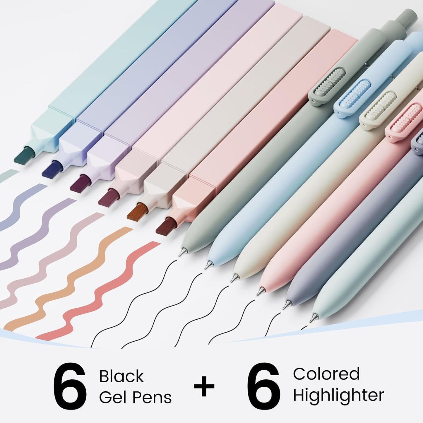 JIMMIDDA- 12 Pack Gel Pens, 0.7mm Black Ink Fine Point Smooth Writing with Aesthetic Highlighters, Quick-dry Long-lasting Pens Set for Journaling School Office Supplies(6 Pens + 6 Highlighters)