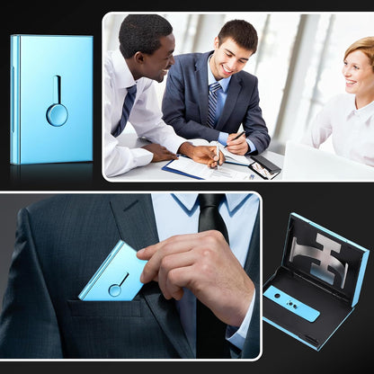 Zonon Large Thumb Drive Business Card Holder Fit 28 Name Credit Aluminum Alloy Slide out Name Card Case Portable Business Holder Wallet Pocket for Men Women (Sapphire Blue)