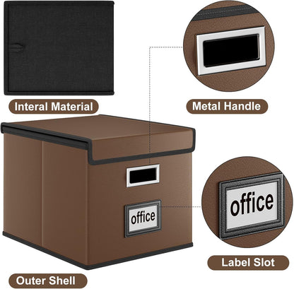 Huolewa Faux Leather File Organizer Box with Lid, Collapsible Hanging File Folder Box Organizer with Plastic Slides, Decorative Home/Office Filing Boxes for File and Folder Storage - Dark Brown