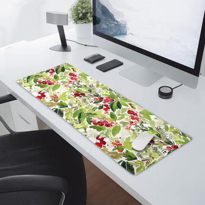 Watercolor Holly Christmas Gaming Mouse Pad XL Green Leaves Red Berry Xmas Extended Large Mat Mousepad Desk Pad Rubber Base Stitched Edge Winter Holiday Long Keyboard Pad for Computer,31.5×11.8 Inch
