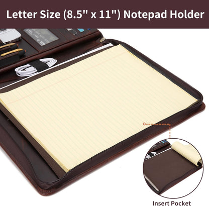 Genuine Leather Portfolio for Women and Men, 8.5 x 11 Legal Pad Padfolio, Zippered Notebook Organizer for 13” Laptop, Business Executive Professional Folio for Work, Dark Brown, Oil Tanned