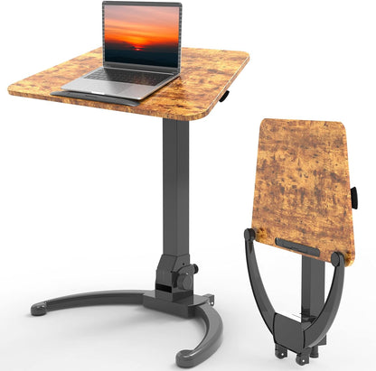 JOY worker Foldable Mobile Standing Desk, Pneumatic Height Adjustable Sit Stand Desk, 90° Tiltable Rolling Laptop Table, Portable Workstation with Non-Slip Mat for Home Office, Holds Up to 22lbs