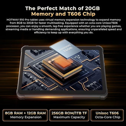 HOTWAV R10 Pro 2025 Rugged Tablet Android 14-10.1 Inch HD+ 10800mAh Waterproof Tablet, 20GB RAM+256GB ROM/1TB TF Outdoor Tablets, 13MP+5MP Camera Octa-Core IP68&IP69K/4G-LTE/5G WiFi/Face ID/GPS/OTG
