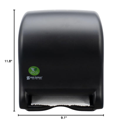 San Jamar Ecologic Tear-N-Dry Recycled Plastic Electronic Paper Towel Dispenser, Battery Powered Towel Dispenser, Wall Mounted Dispenser with Zero Waste for Home and Business, 10 Inch Rolls, Black