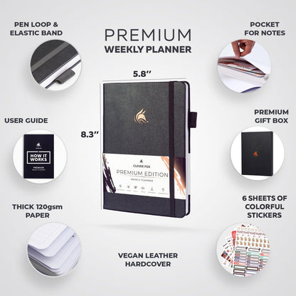 Clever Fox Planner Premium Edition – Undated Luxurious Weekly & Monthly Planner to Increase Productivity and Hit Your Goals – Organizer – Start Anytime, A5, Lasts 1 Year, Silver Black (Weekly)