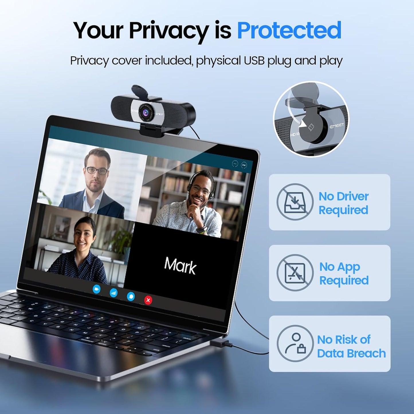 EMEET 1080P Webcam, C960 Web Camera with 2 Noise-Cancelling Microphones & Privacy Cover, 90° FOV Computer Camera, Plug & Play USB Webcam for Calls/Conference, Zoom/Skype/YouTube, Laptop/Desktop, Grey