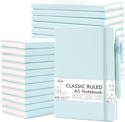 feela 24 Pack Journal Notebook Bulk for Work, Business Notebook Hardcover Lined Writing Journal with Pen Holder for Students Women Note Taking, with 24 Black Pens, 120 GSM, 5.1”x8.3”, A5, Sky Blue