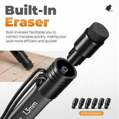 Nicpro 3 Pack Weatherproof Mechanical Pencil Set, 1.3mm Metal Mechanical Pencils, Heavy Duty Pencil for Outdoor All Weather Marking Drafting Drawing with 75 Lead Refills, Erasers, Case (Black, HD1000)