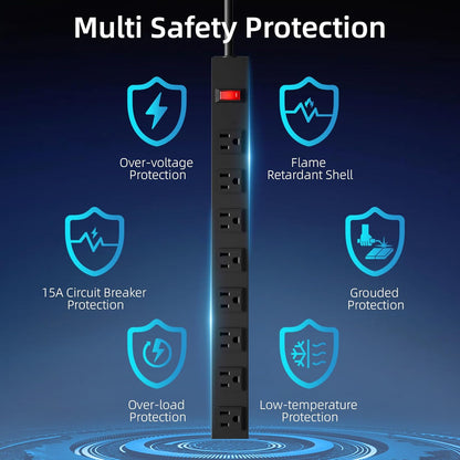 8 Outlets Heavy Duty Power Strip with 8 Ft UL 14AWG Power Cord Straight Plug and Switch,Wide Spaced Shop Power Strip Metal for Commercial,Industrial,School and Home,15A 125V 1875W,Black(8FT)