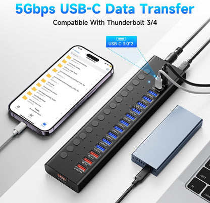 Powered USB 3.0 Hub, 16-Port USB C Hub Splitter (10 USB 3.0+2 QC 3.0+2 Smart Charging+2 USB-C 3.0) with Individual Switches, 12V 7.5A 90W UL Certified Power Adapter for Laptop, Mac, PC, Computer