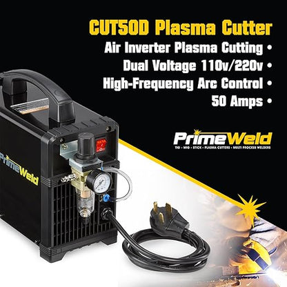 PrimeWeld 50A Air Inverter Plasma Cutter, Portable Plasma Cutting Machine, Premium and Rugged Plasma Cutter Kit, Automatic Dual Voltage 110V/220V AC with Plasma Torch, 1/2" Clean Cut, CUT50D
