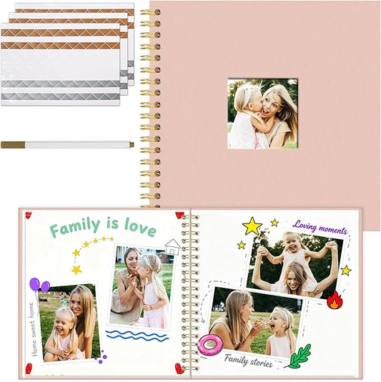 Vienrose 10 x 10 Inch Scrapbook Photo Album, Linen Hardcover Photo Book with 40 White Pages, DIY Memory Book Kit with Accessories for Wedding, Baby Shower, Travel, Christmas (Pink, 20 Sheets)