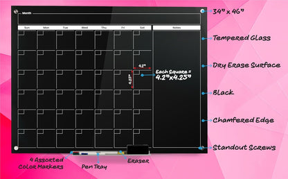 Real Glass Dry Erase Monthly Calendar, Giant Size 34" x 46", Tempered Glass Surface, Frameless Wall Mount, with 4 Assorted Color Markers and Eraser, by Better Office Products (Jet Black)