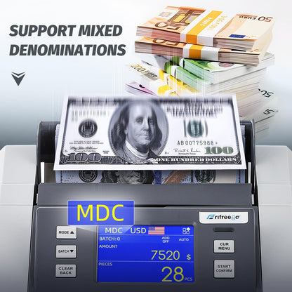 Money Counter Machine Mixed Denomination with Value Count, Touch Screen with 5 Currencies Suitable, MT/UV/MG/IR Counterfeit Bill Detection, 6 Modes Available Cash Counter with LCD Display