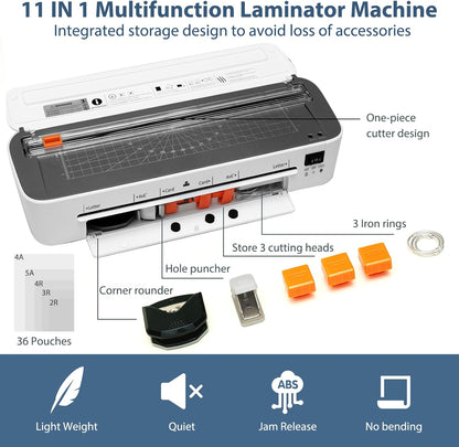 Laminator Machine, 11 in 1 Laminating Never Jam Technology with 36 Laminating Sheets, 9 Inch Thermal Laminator A4 Laminating Machine Hot & Cold with Paper Trimmer for Home Office School