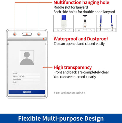 100 Pack Vertical ID Badge Holder, Clear Plastic Work Key Card Sleeve, Name Tag Holders Cover Protector with Waterproof Resealable Zipper Type for Nurses Lanyard, Fits Credit Size Cards