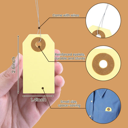 SallyFashion 100 Pack Pricing Tags with String, Blank Labeling Tag with Reinforced Hole and Metal Wire, Manila Hang Tabs for Luggage Clothing Sale Supplies Equipment Parts, Gift Tags(2 3/4" x 1 3/8")