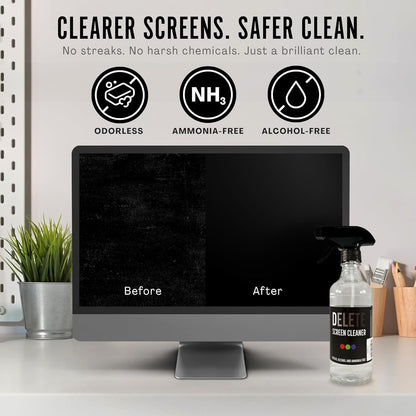 Delete Screen Cleaner Spray Kit, 16oz Bottle and 12"x12" Microfiber Cleaning Cloth, Streak-Free, Safe and Gentle Formula, Multi-Purpose for Devices, Large TVs, Computers, Monitors, Smart Phones
