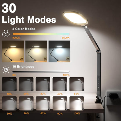 2 Packs Led Desk Lamps for Home Office, 1200LM Dimmable Clamp-on Desktop Light, Adjustable Swing Arm Ring Light with Stand, Memory & Timer Function, Eye-Caring Design