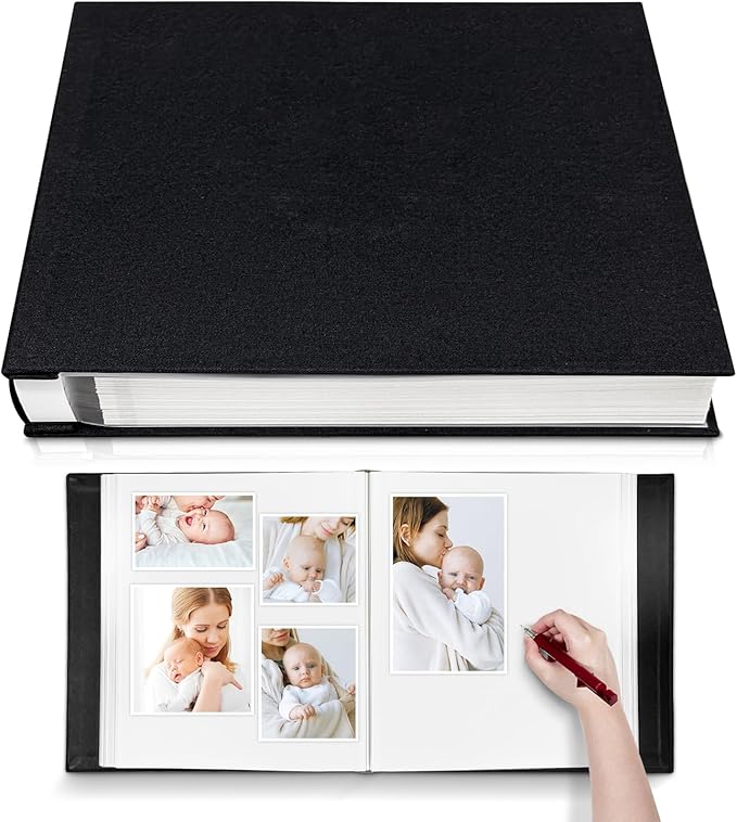 Large Photo Album Self Adhesive 4x6 8x10 10x12 13"x12.8" Magnetic Scrapbook Album 12.6"x11" Inch 60 Sticky Pages Linen Cover DIY Photo Album with A Metallic Pen and DIY Stickers(Black)