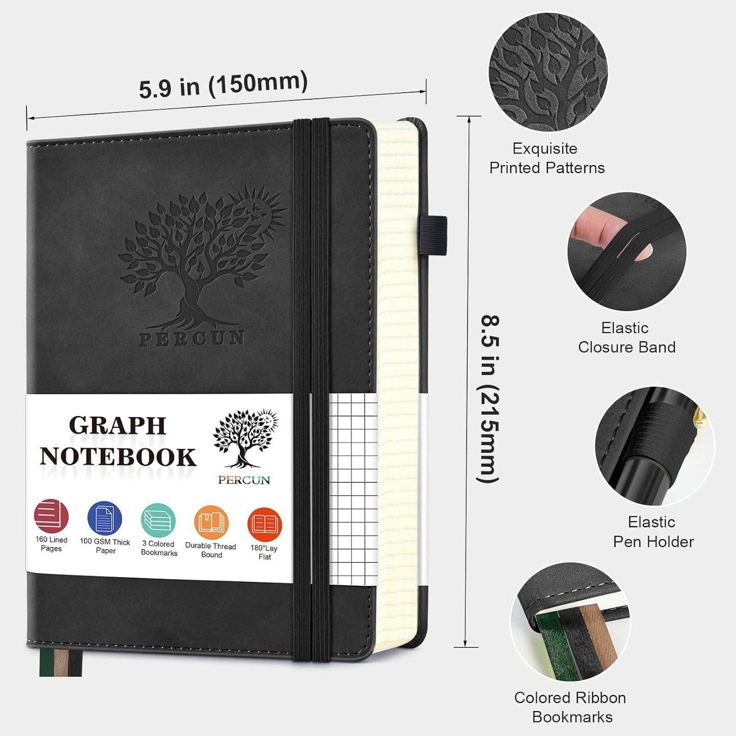 Graph Paper Notebook, 160 Pages Grid Journal for women & men, A5 Hardcover Leather Graphing Notebook for School, Work, Travel, Note Taking 5.9”x8.5” (Black)