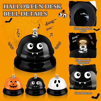 Hotop 3 Pcs Desk Bell for Service Funny Front Desk Smile Face Metal Ringer Call Bell for Kitchen Hotel Restaurant Classroom(Pumpkin, Ghost, Bat,Orange, Black, White)