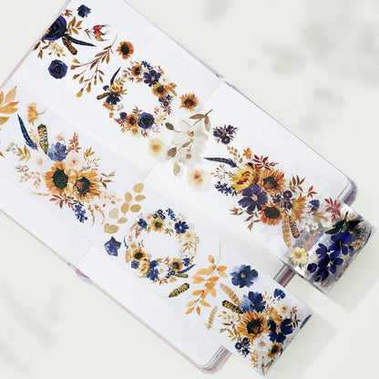 WT PET Tape, Floral Sunflower & Navy Design, Wide Decorative Craft Tape, Single Roll, Clear Transparent Tape for Bujo Planner & DIY Scrapbooking Supplies