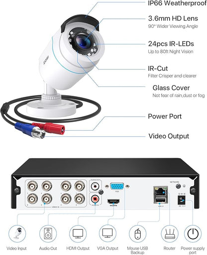 ZOSI H.265+ Full 1080p Home Security Camera System with AI Human Vehicle Detection, 8 Channel 5MP-Lite CCTV DVR (No HDD), 4 x 1080p Weatherproof Surveillance Camera Outdoor Indoor, 80ft Night Vision