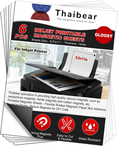 Thaibear Printable Magnetic Sheets, 8.5" x 11", 6 Pack Glossy Flexible Magnet Paper Sheets for Inkjet Printer, Magnetic Sheets Non Adhesive for Photo, Die Storage and Picture Magnets