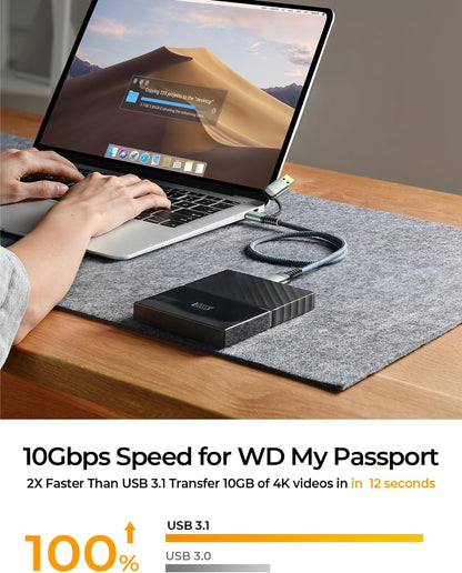 AINOPE 10Gbps Micro B to USB C External Hard Drive Cable 1.5FT, Nylon Braided External Hard Drive Cord Compatible with MacBook Pro/Air, Tablet/iPad, WD Seagate Toshiba Westgate, Samsung Galaxy S25