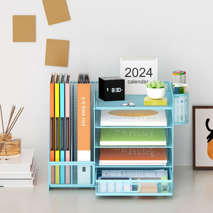 Marbrasse Desk Organizer with File Holder, 5-Tier Paper Letter Tray Organizer with Drawer and 2 Pen Holder, Mesh Desktop Organizer and Storage with Magazine Holder for Office Supplies(Blue)