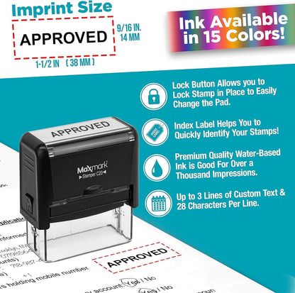 MaxMark Customized Self Inking Stamp - Up to 6 Lines of Text - Large & Wide Size - Choose from 15 Ink Colors