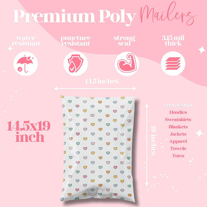 14.5x19 Designer Poly Mailer 100 Pack Heavy Duty Waterproof Self Seal Shipping Bags for Small Business Large Mailing Envelopes Bulk Tear Resistant Packaging Preppy Hearts