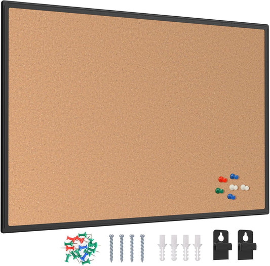 Board2by Cork Board Bulletin Board 20 x 30, Black Aluminium Framed Corkboard, Office Board for Wall Cork, Large Wall Mounted Notice Pin Board with 16 Push Pins for School, Home & Office