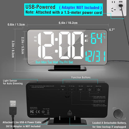 KOSUMOSU Digital Alarm Clock 6.7in Black Clock for Bedroom, Dual Alarm, Date, Seconds,Day of Week,12/24h,Dimming, Temp, Desk Clock, LED Clock for Living Room, Calendar Digital Clock