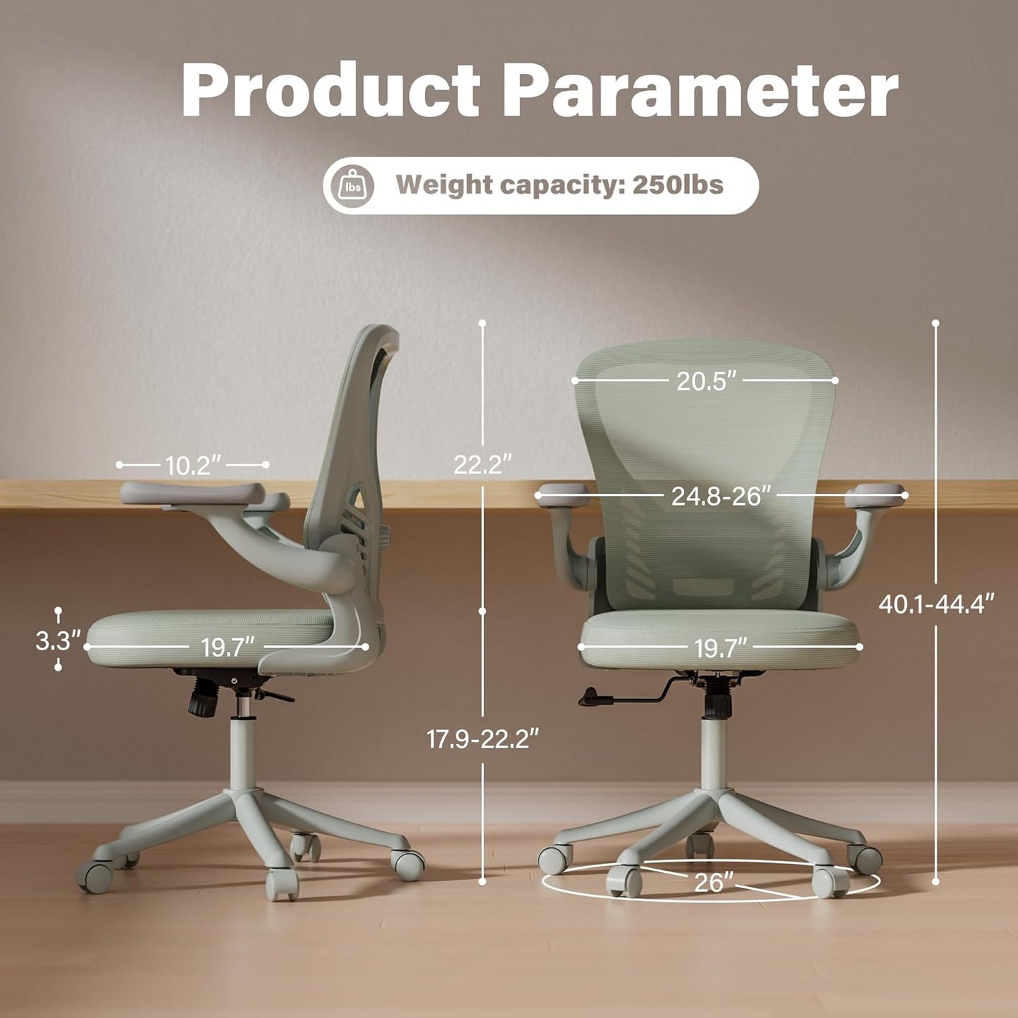 GYI Computer Desk Chair, Ergonomic Office Desk Chairs with Mesh Back, Adjustable Lumbar Support, Height, 3D Flip-up Arms, Wheels, Rocking Function, Grey