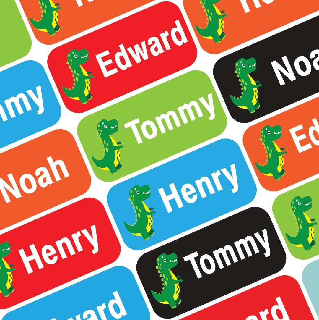 Personalized Waterproof Name Labels Press and Stick Custom Name Stick on Clothing Labels. Customized Up to 3 Lines Great for Camp & Daycare (Dinosaurs)