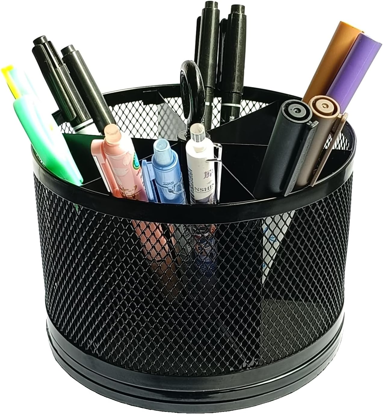 SETTFRFE Rotating Pen Holder for Desk,Supplies Organizer pencil Caddy,6 Compartments Desk Organizer,Black (Metal Mesh Style)