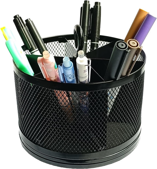 SETTFRFE Rotating Pen Holder for Desk,Supplies Organizer pencil Caddy,6 Compartments Desk Organizer,Black (Metal Mesh Style)