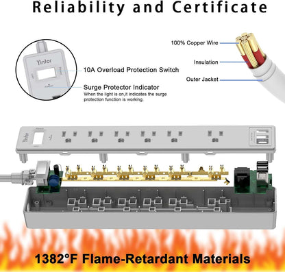 10Ft Power Strip Surge Protector - Yintar Extension Cord with 6 AC Outlets and 3 USB Ports for Home, Office, Dorm Essentials, 1680 Joules, ETL Listed, Grey