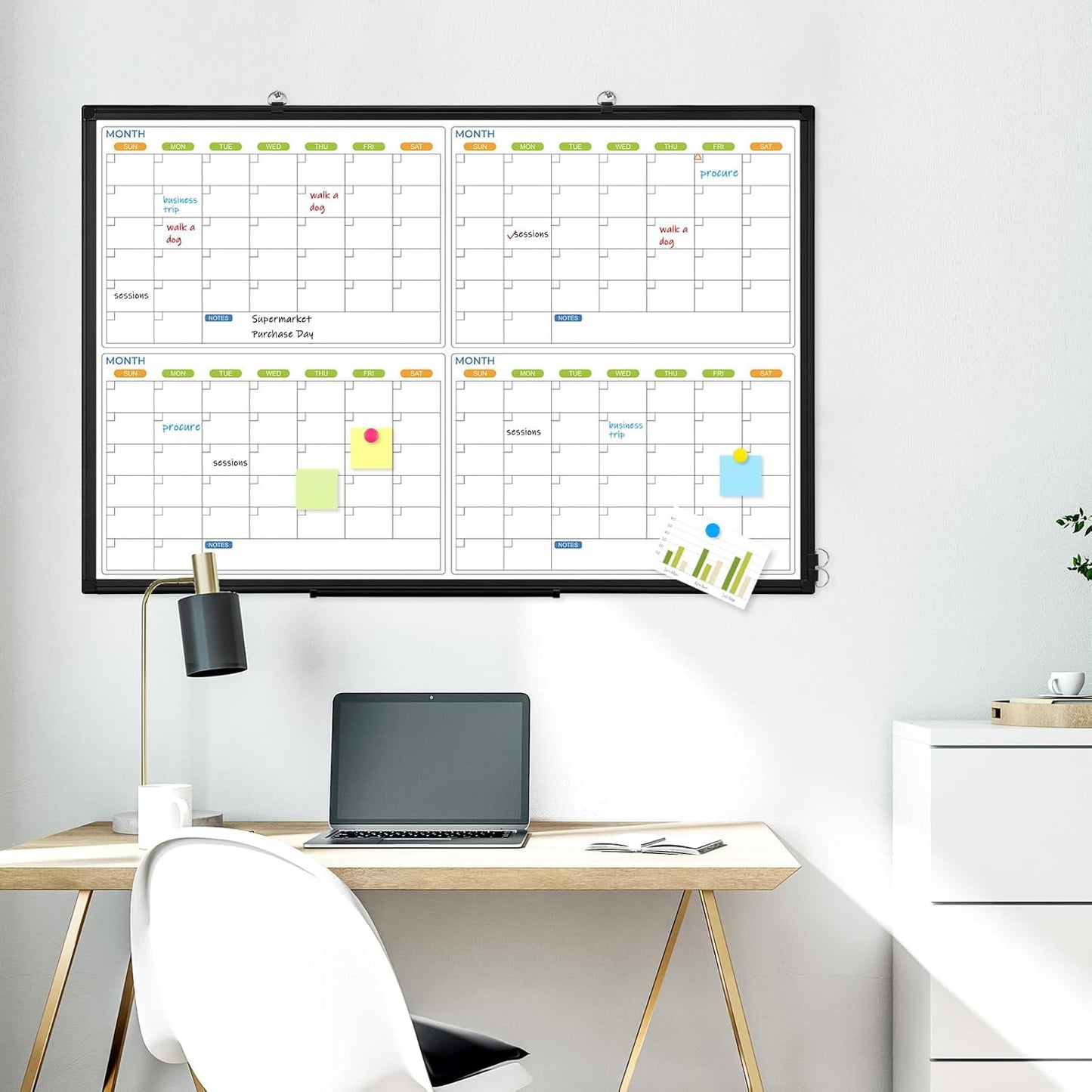 36" x 24" Magnetic Dry Erase Calendar Whiteboard, 4 Month Calendar White Board Planner, Black Aluminum Frame Wall Mounted Board for Office Home and School