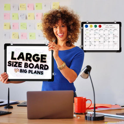 Polegas Dry Erase Whiteboard Calendar, Magnetic White Board Dry Erase Calendar, 16" X 12" Monthly Calendar Whiteboard for Wall, Small Double Side Board to Do List for Home, School, Office (Black)