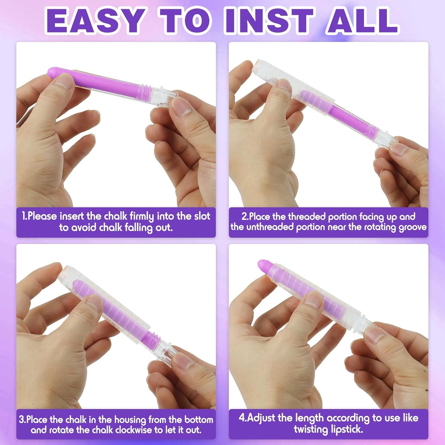 Sidewalk Chalk for Kids - 24 PCS Colored Non-Toxic Twistable Dustless Chalk with Holder, Dust-free Washable Toddler Chalk for Chalkboard Drawing Writing (Plastic Box-Packed)