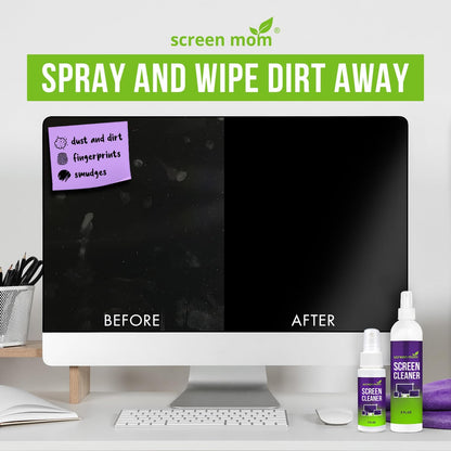 Screen Cleaner Spray and 4 Microfiber Cloths Bundle 8oz & 2oz, by Screen Mom, Eyeglasses or Monitor Screen Cleaner Spray and Wipe, Electronic Cleaner Spray, Car Screen Cleaning Kit