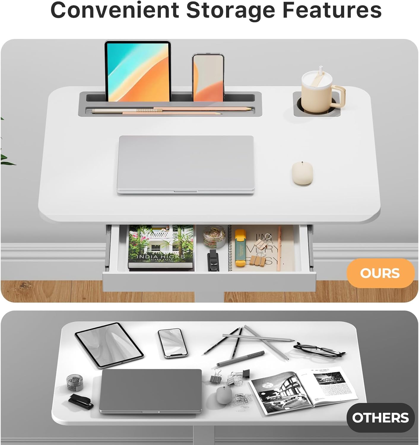 Mobile Standing Desk with Drawer, 28" Rolling Desk with Cup Holder and Hooks, Portable Laptop Cart on Wheels, Height Adjustable Workstation with Storage for Home Office, White