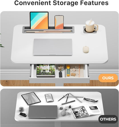 Mobile Standing Desk with Drawer, 28" Rolling Desk with Cup Holder and Hooks, Portable Laptop Cart on Wheels, Height Adjustable Workstation with Storage for Home Office, White