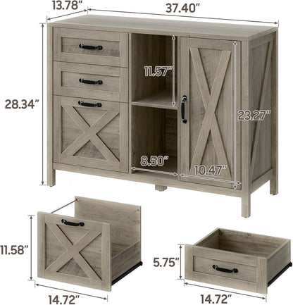 Lateral File Cabinet with 3 Drawers and Door, Farmhouse File Cabinet with Adjustable Shelf for Letter/A4 Size Hanging Files, Printer Stand with Storage Cabinet for Home Office Furniture, Grey