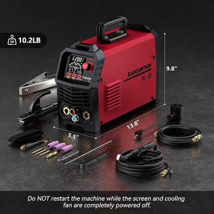 ARCCAPTAIN DC 5 In 1 TIG Welder With Pulse, 200Amp DC 5 In 1 HF/Lift/Pulse/Spot TIG & Stick, 110v/220v Dual Voltage LED Digital Display MultiProcess TIG Welding Machine with 2T/4T TIG200P