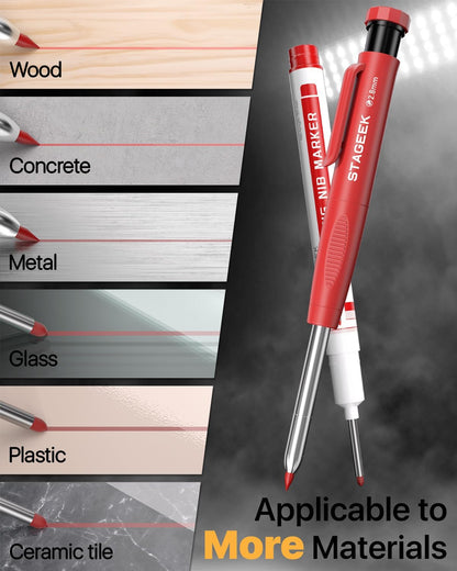 Carpenter Pencils Set with Sharpener, Heavy Duty Woodworking Tools with 13 Refills (Red, Black, Yellow), Construction Pencil and Deep Hole Long Nib Marker Pen for Architect Marking with Case