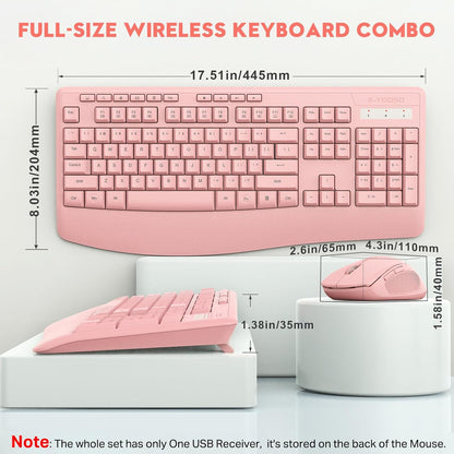 Wireless Keyboard and Mouse Combo, E-YOOSO 2.4GHz Full Sized Ergonomic Wireless Keyboard with Wrist Rest, 3 DPI Adjustable and 6 Buttons Cordless USB Mouse for Computer, Laptop, PC, Windows (Pink)